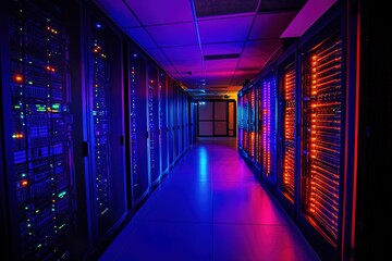 Fototapeta premium Illuminated server room with blue and red lights