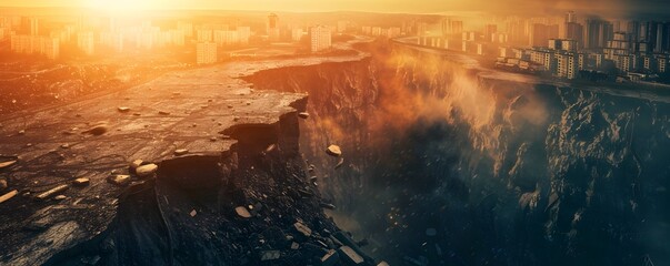 Dramatic Urban Disaster Scene with Crumbling Buildings Swallowed by Ominous Fissure in the Ground
