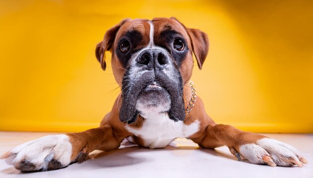 Boxer Dog Portrait. Photo Studio. Yellow Background.