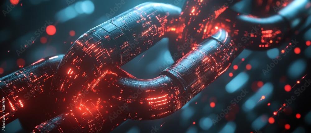 Poster high-tech chain link structure with digital matrix and futuristic blockchain concept