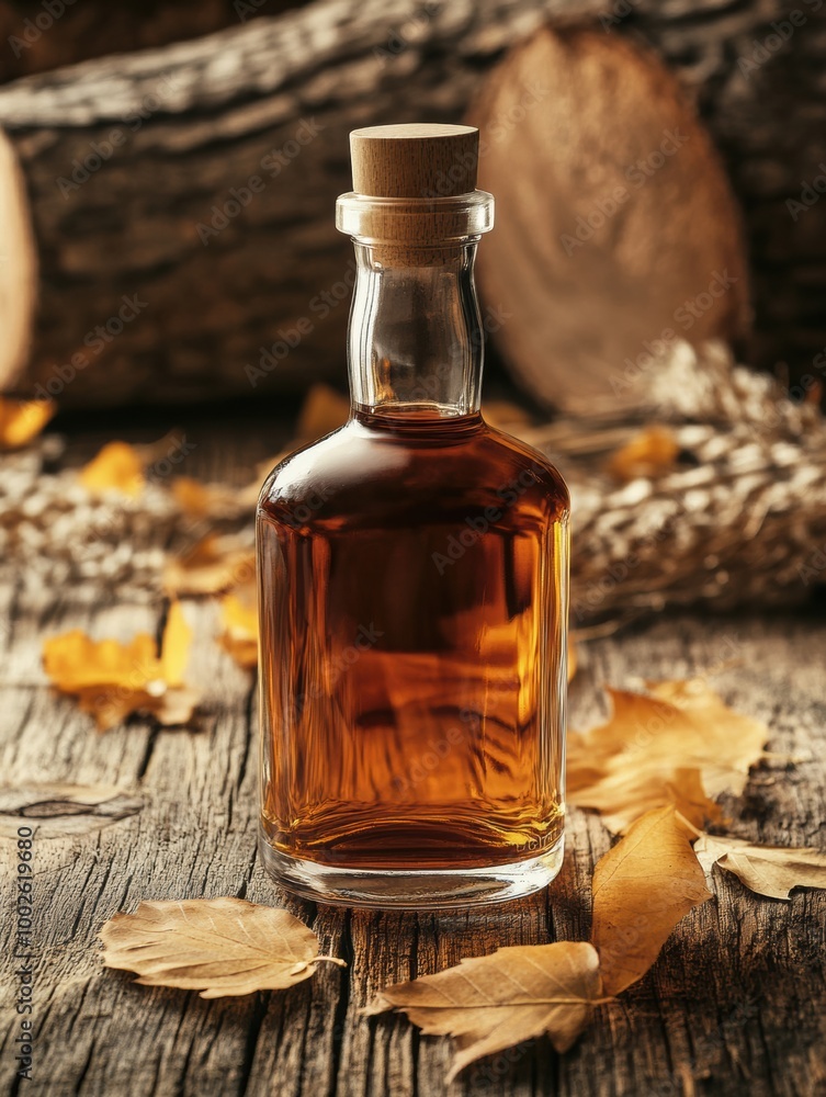 Poster a close-up of a whiskey bottle on a rustic wooden surface surrounded by autumn leaves and logs, crea