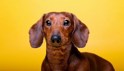 Cute Dachshund Dog Portrait. Photo Studio. Yellow Background.