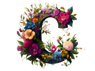 "Elegant Letter C with Colorful Flowers and Leaves in Detailed Vector Art, Nature-Inspired Floral Design, Perfect for Personalized Stationery, Wedding Invitations, or Monogram Branding"