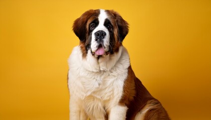 Adorable Saint Bernard Dog Portrait. Photo Studio. Yellow Background.