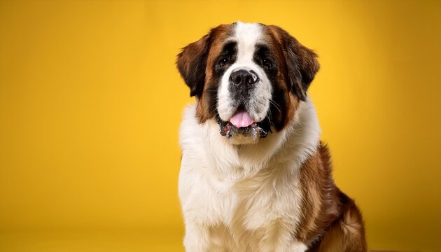 Adorable Saint Bernard Dog Portrait. Photo Studio. Yellow Background.
