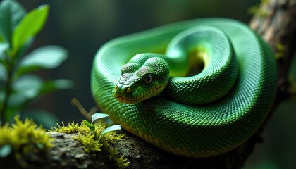 Fototapeta premium Immobile dans la jungle, un python émeraude enroulé sur une branche attend patiemment, sa présence subtile se fondant dans l'épais feuillage tropical.