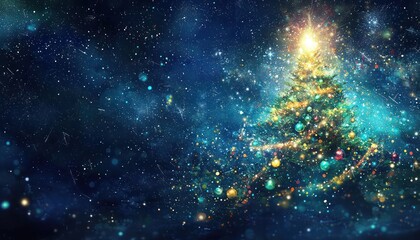 Fototapeta premium Starry night backdrop featuring a radiant Christmas tree decorated with shimmering lights and baubles