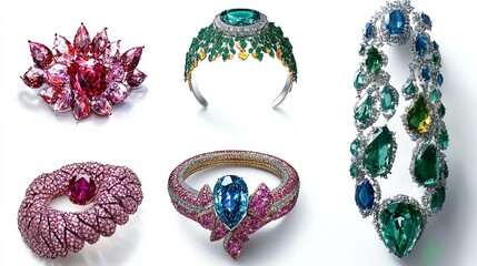 Elegant collection of luxurious jewelry featuring stunning rings, crowns, and bracelets adorned with vibrant gemstones.