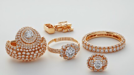 Naklejka premium Elegant collection of rose gold jewelry adorned with sparkling diamonds, perfect for special occasions and elevating any outfit.