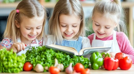 Teaching Traditional Family Recipe to Children with Fresh Ingredients and Recipe Book on Kitchen Counter