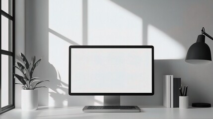 Fototapeta premium Modern Workspace with Empty Monitor and Green Plant