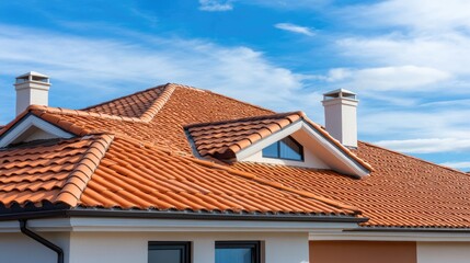 Obraz premium A sleek white house roof features neatly placed chimneys against a vibrant blue sky, exemplifying modern architecture and construction technique in a tranquil setting