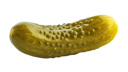 A vibrant, shiny pickle resting alone on a pristine white background