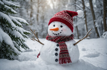 Snowman wearing a scarf and Santa hat, surrounded by snowy trees