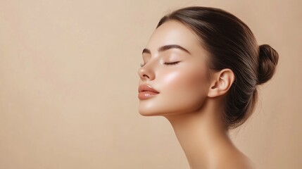 Obraz premium Beautiful young woman with clean fresh skin on beige background, Face care, Facial treatment, Cosmetology, beauty and spa, women portrait