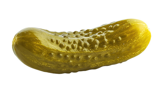 A vibrant, shiny pickle resting alone on a pristine white background
