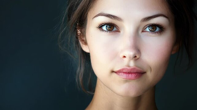 Close-up portrait of young woman with clear skin and natural beauty against solid dark background