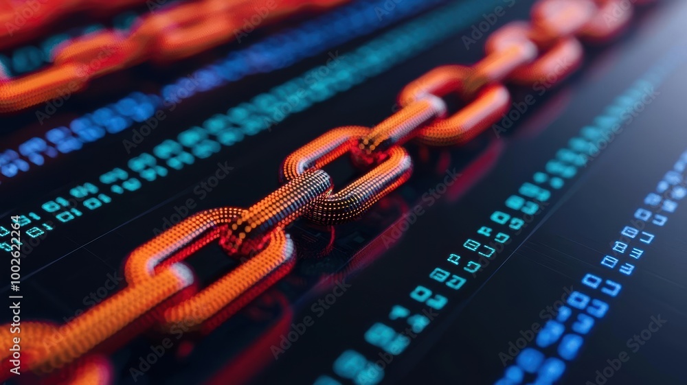Poster decentralized blockchain platform, glowing digital ledgers, interconnected virtual systems, sleek mo