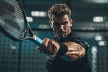 Focused tennis player ready for game with intense look