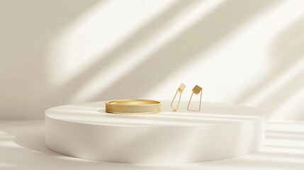 Elegant jewelry display featuring a gold bracelet and earrings, illuminated by soft light, on a minimalist white platform.