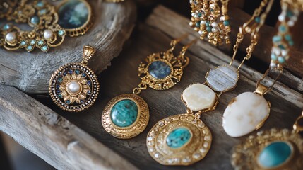 Obraz premium Elegant jewelry collection featuring intricate designs and beautiful gemstones displayed on rustic wood.