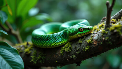Fototapeta premium Le python émeraude se confond avec la verdure, sa silhouette élégante enroulée sur une branche, patientant dans la tranquillité de la jungle tropicale.