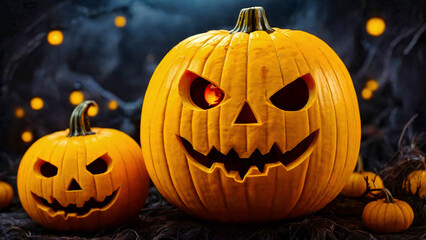 Fototapeta premium ハロウィン、黄色いカボチャと風景 