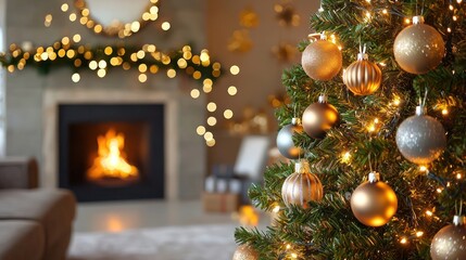 Stylish living room with a cozy fireplace and a beautifully decorated Christmas tree featuring elegant ornaments and festive lights