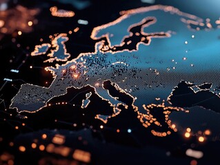 Detailed view of Europe showcasing illuminated urban areas on a dark backdrop, representing advanced technology and connectivity.