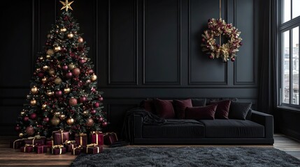 Stylish living room with black walls a black sofa and a festive Christmas tree adorned with burgundy and gold decorations