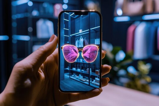 Close-up of a hand holding a smartphone displaying stylish sunglasses against a chic background. Ideal for fashion and tech themes.