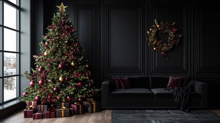 Stylish living room with black walls a black sofa and a festive Christmas tree adorned with burgundy and gold decorations
