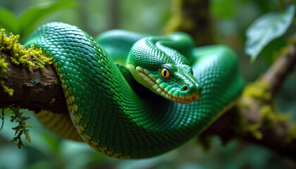 Fototapeta premium Un python émeraude, immobile sur une branche, attend patiemment dans une jungle tropicale luxuriante, ses écailles scintillant sous les rayons du soleil filtrant à travers les feuillages.