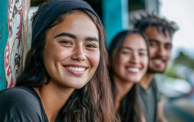 Smiling young friends enjoying a casual moment together outdoor in a lively urban area during the day.