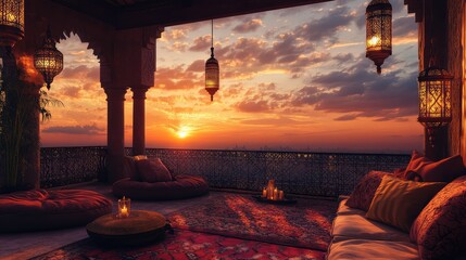 A luxurious with intricate lanterns, vibrant rugs, and plush seating under a sunset sky