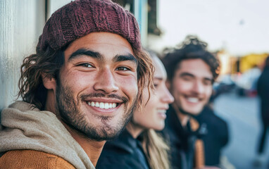 Young man with curly hair smiles warmly while sitting with friends in an outdoor setting.