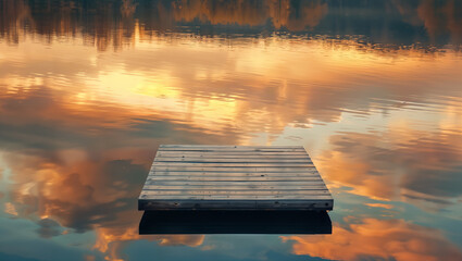 A minimalist shot of a dock with water reflecting the sky’s golden colors