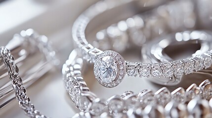 Stunning close-up of elegant silver jewelry featuring sparkling diamonds and intricate designs, perfect for fashion and luxury themes.