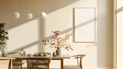 Modern minimalist dining room interior with natural light and earth tones
