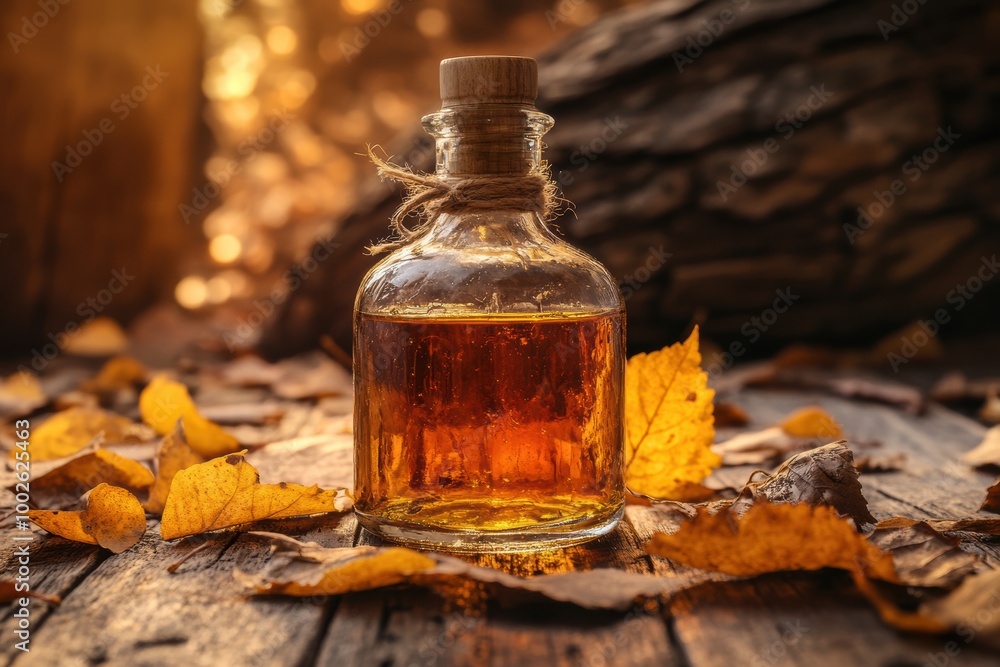 Poster A close-up view of a whiskey bottle surrounded by autumn leaves on a rustic wooden surface in a warm, cozy setting. Generative AI