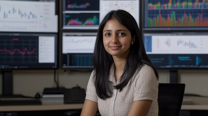 Professional Female Analyst Working With Multiple Financial Data Monitors