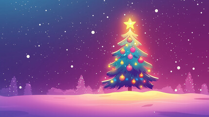 Fototapeta premium A decorated Christmas tree with colorful ornaments and lights in a snowy landscape at night