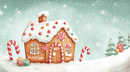 A whimsical gingerbread house with candy decorations in a snowy landscape and holiday atmosphere
