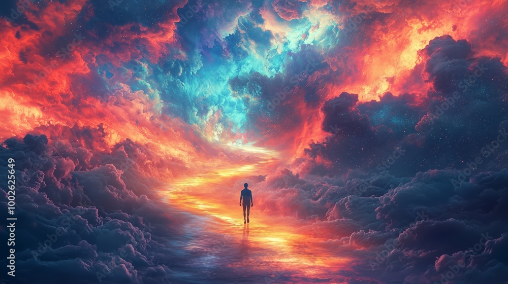 Poster surreal figure walking on glowing colorful path