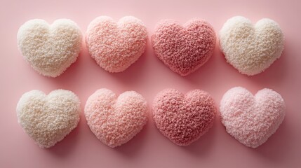 Fototapeta premium Cute, fuzzy heart shapes, soft hues, minimalist aesthetic, laying on solid pastel background, top view