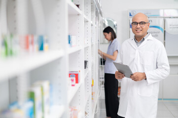 Obraz premium Asian professional male pharmacist using digital tablet computer checking drug list Pharmacist checking stock in pharmacy for health medicine in pharmacy with female pharmacist in the background