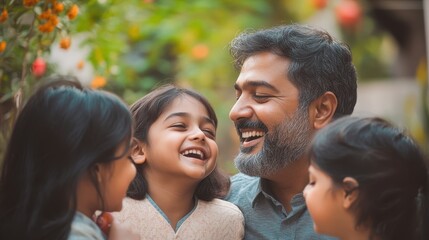 Fototapeta premium Joyful Family Moment: Smiling Father Embracing Children Outdoors
