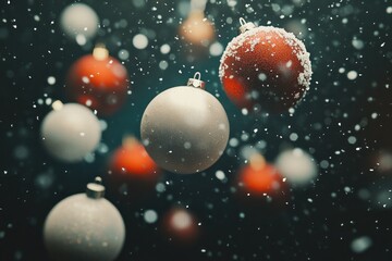 Fototapeta premium Christmas balls and snowflakes on dark background, retro toned.