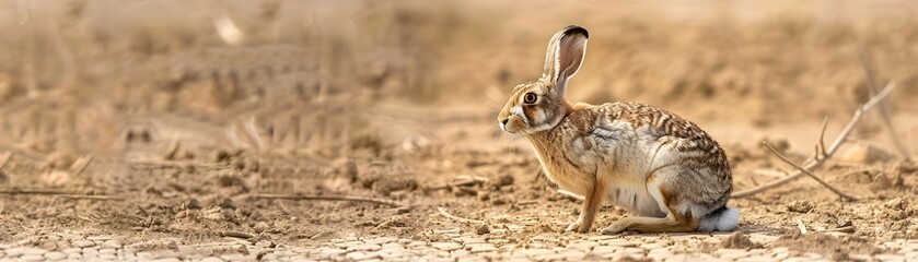Fototapeta premium Desert Hare Blending into the Arid Ground Alert and Ready to Bolt in the Dry Landscape