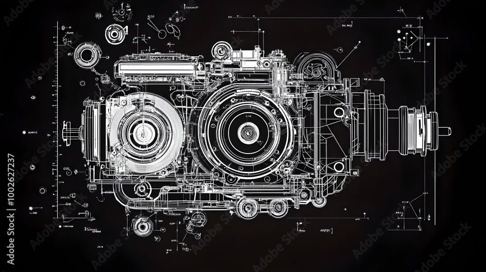 Poster intricate mechanical diagram showcasing the internal components of an advanced engineering device